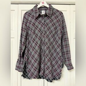 CAbi Gray/Purple/Pink Button Up Plaid Shirt Frayed Hem Whimsigoth Fairy Grunge M